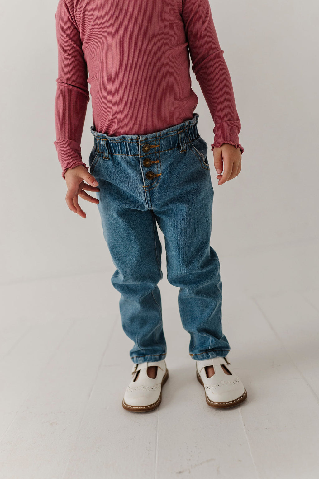 Girls Paperbag Denim Pants in Mid Blue Wash