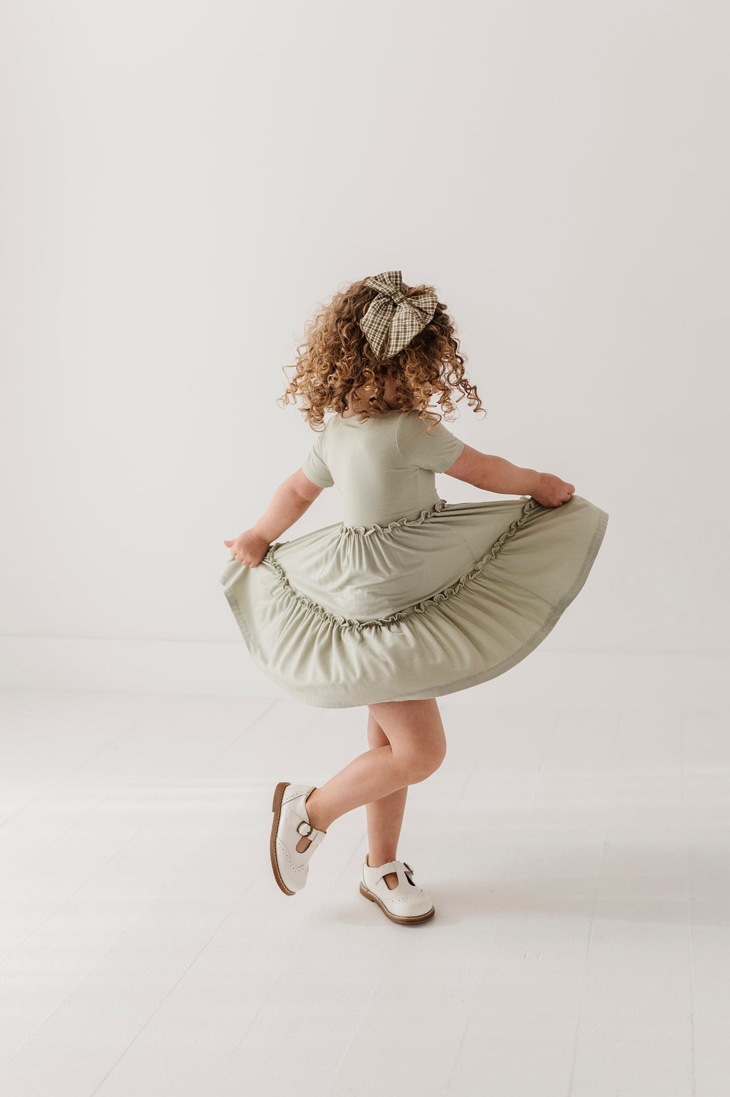 Girls Short Sleeve Double Tiered Dress in Sage