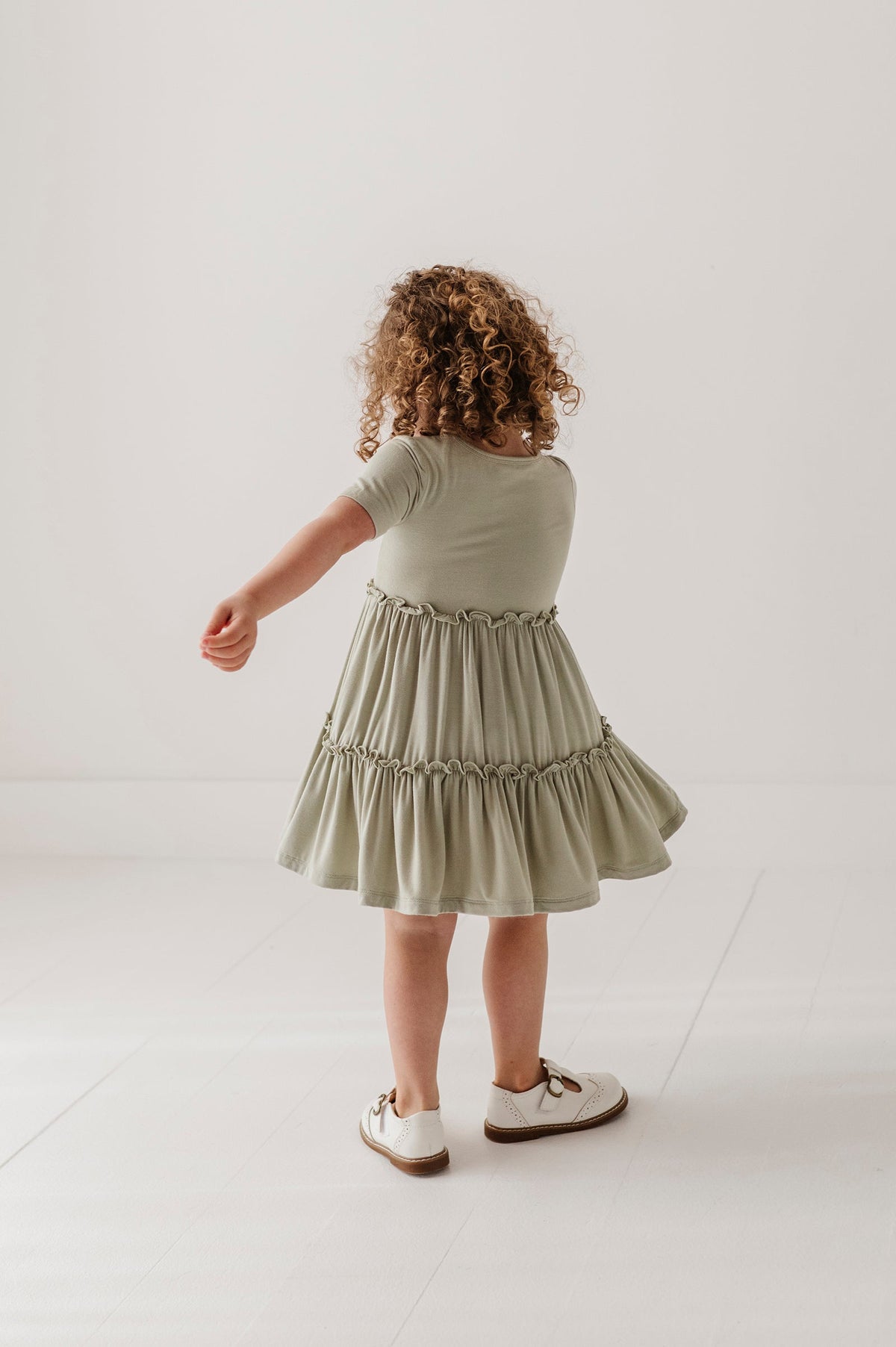 Girls Short Sleeve Double Tiered Dress in Sage
