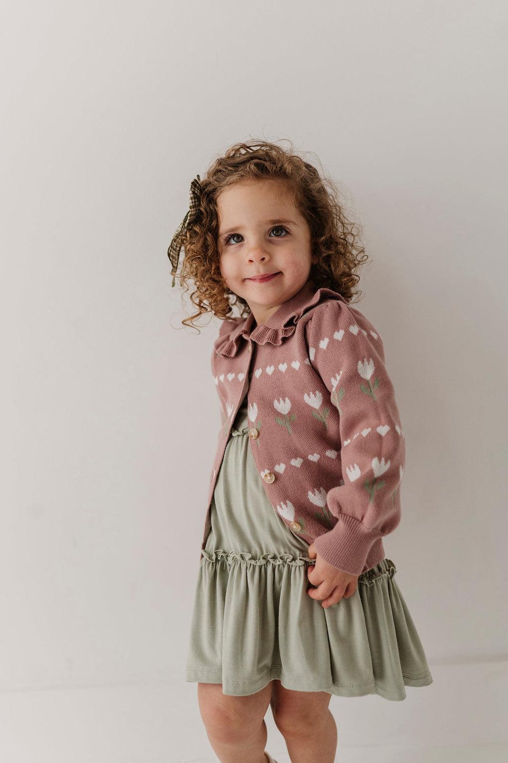 Girls Short Sleeve Double Tiered Dress in Sage