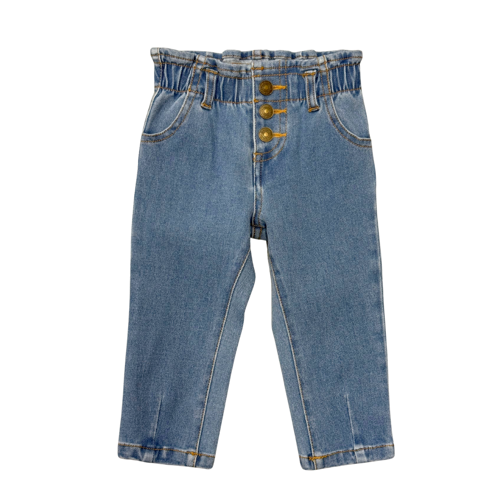 Girls Paperbag Denim Pants in Mid Blue Wash