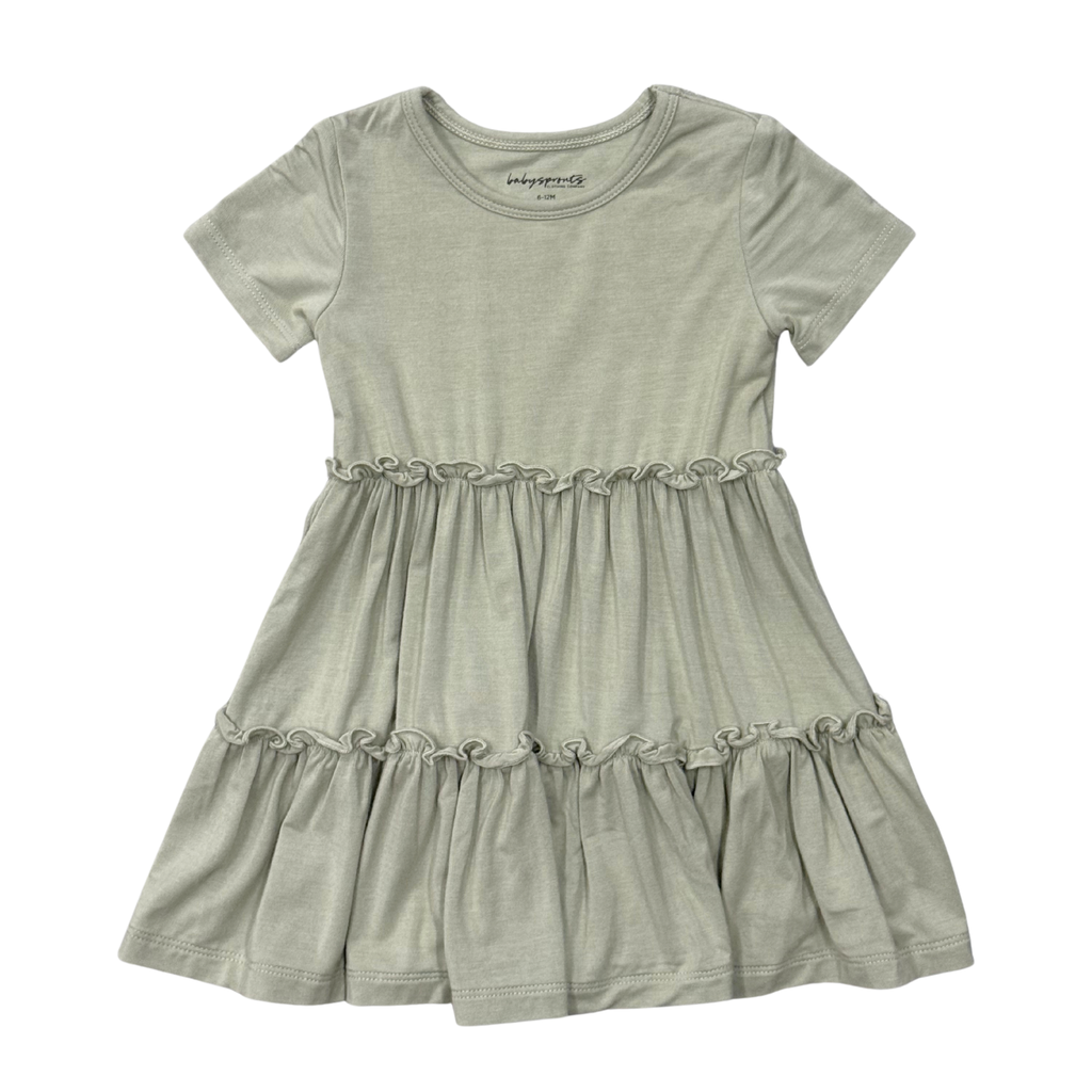 Girls Short Sleeve Double Tiered Dress in Sage