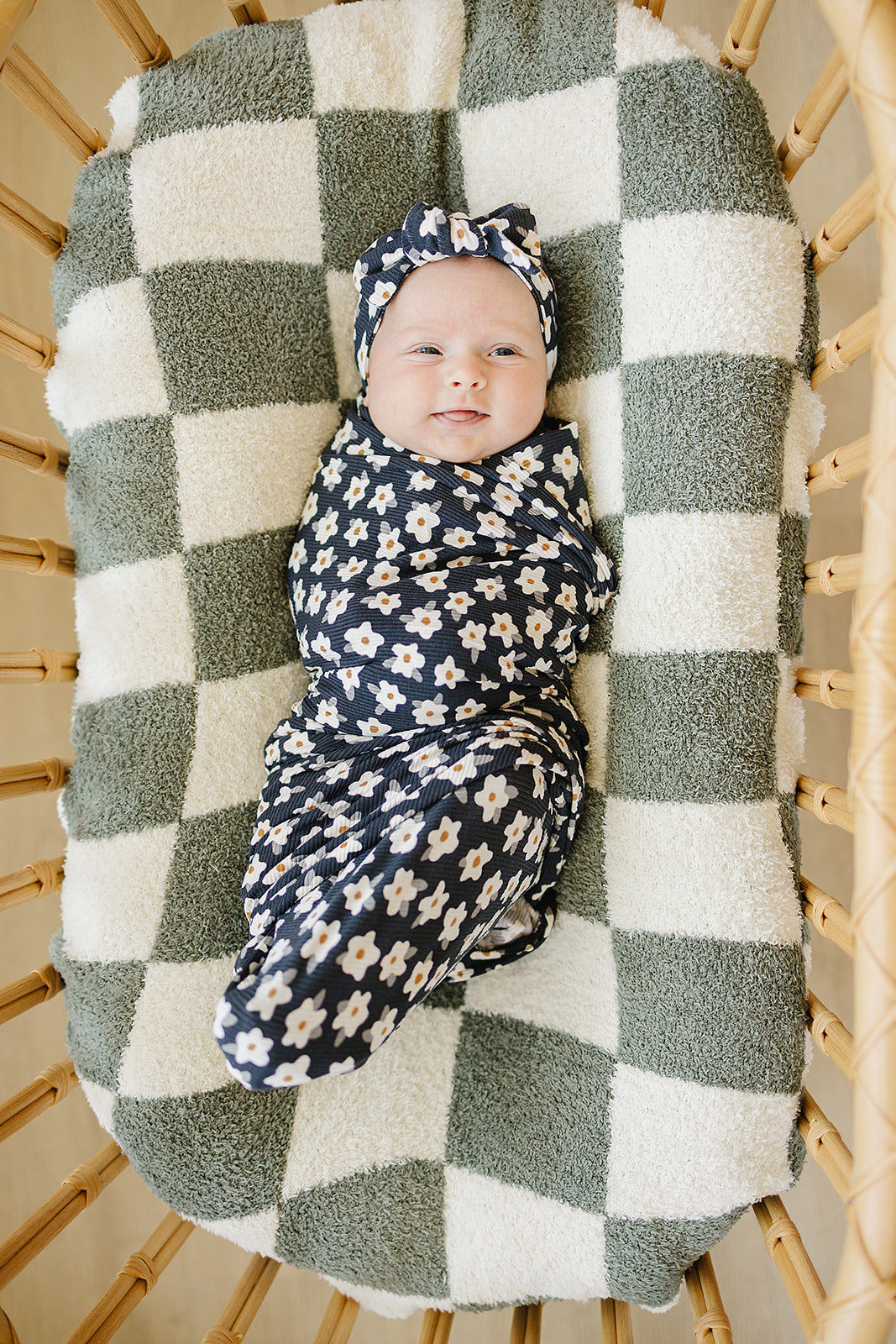 Navy Daisy Ribbed Bamboo Stretch Swaddle