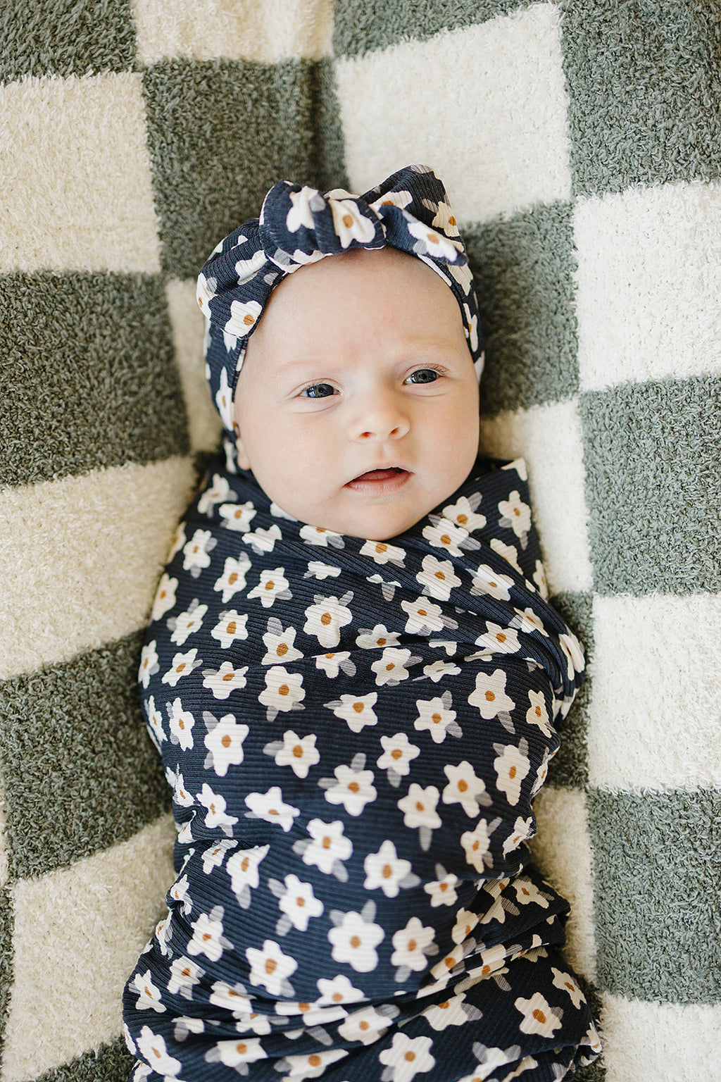 Navy Daisy Ribbed Bamboo Stretch Swaddle
